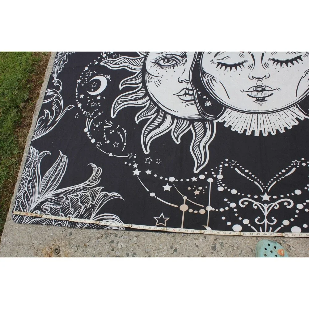 Sun Moon Stars Psychedelic Tapestry Hippie Wall Art Black White 72x92